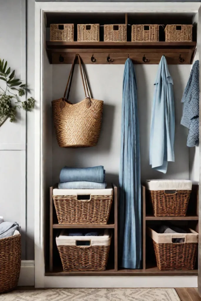 Creative storage solutions in a charming bedroom utilizing baskets and hooks for accessories maximizing space and adding a touch of personality