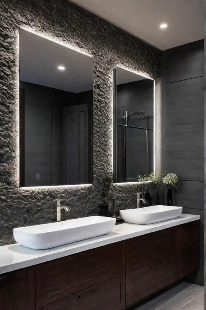 Dark wood cabinets and metallic accents in a bathroom