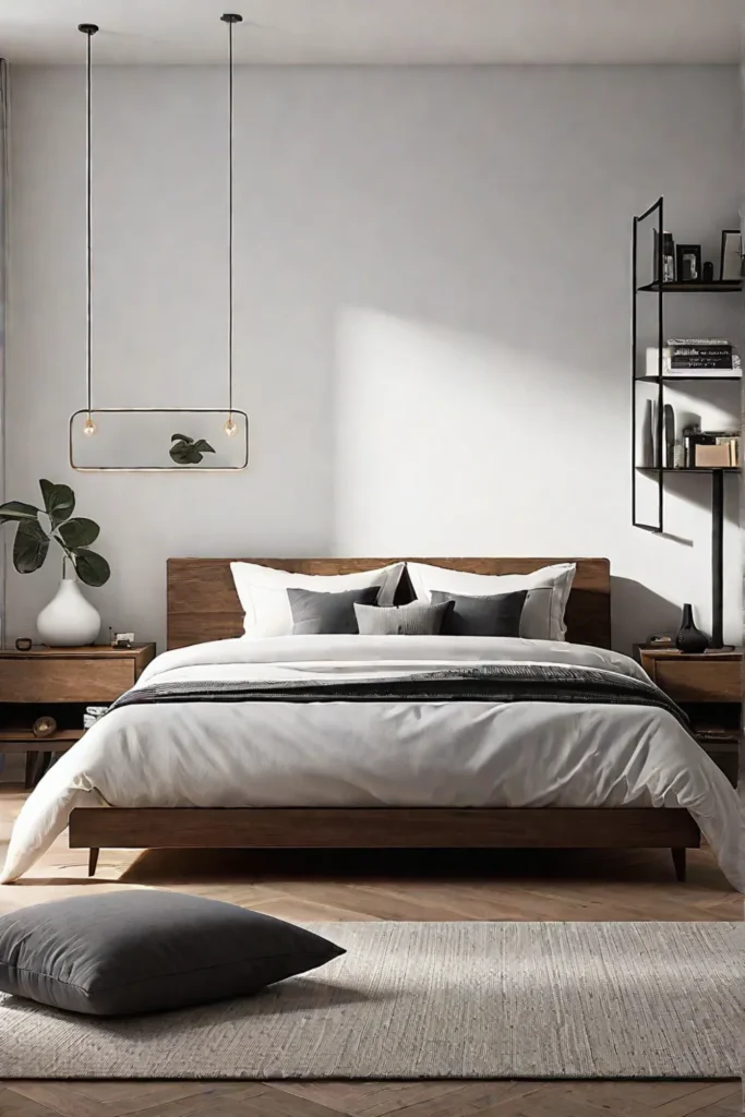 Decluttered minimalist bedroom with a focus on essential furniture and belongings promoting a serene and organized atmosphere