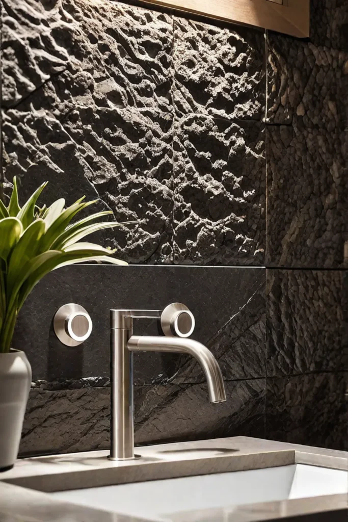 Detail shot of a bathroom sink with a stone backsplash