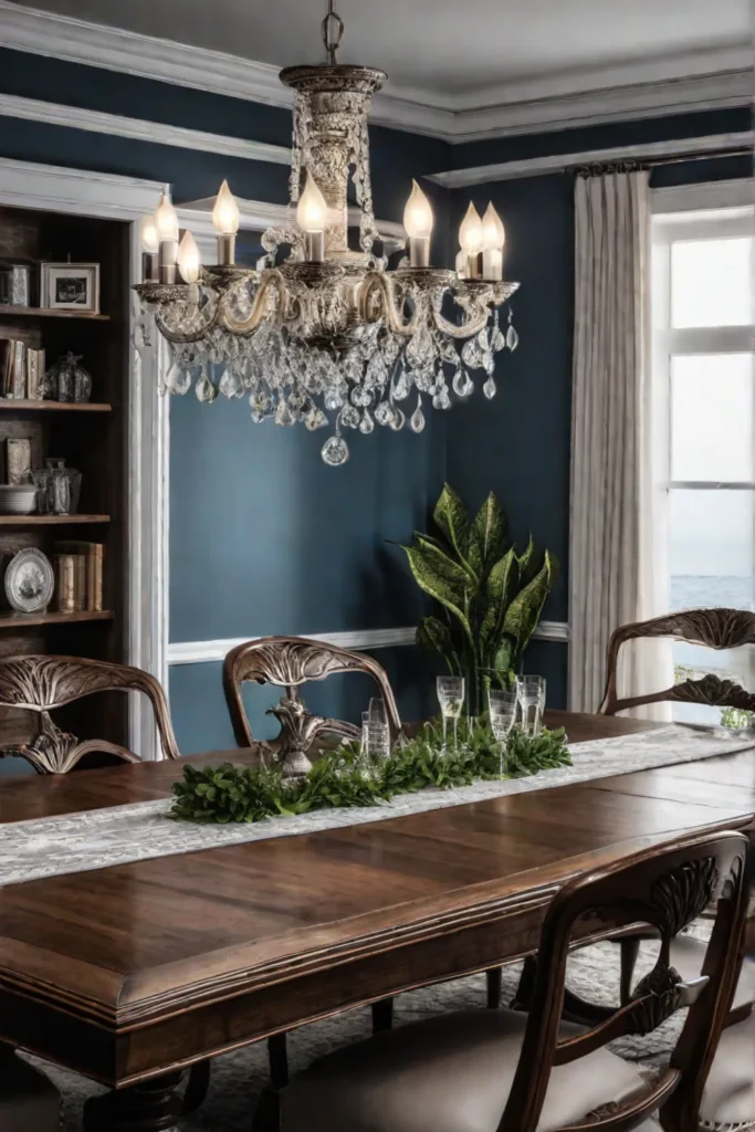 Dining room with a collection of antique china on display emphasizing the charm of vintage decor