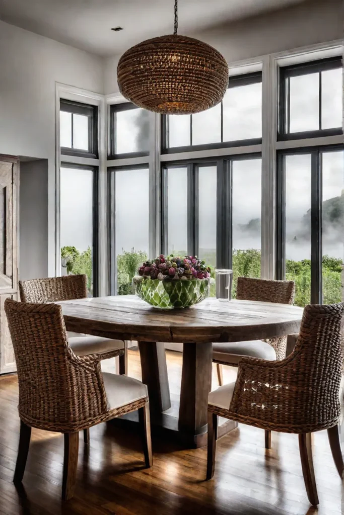 Dining room with a large window overlooking a garden showcasing the use of natural light