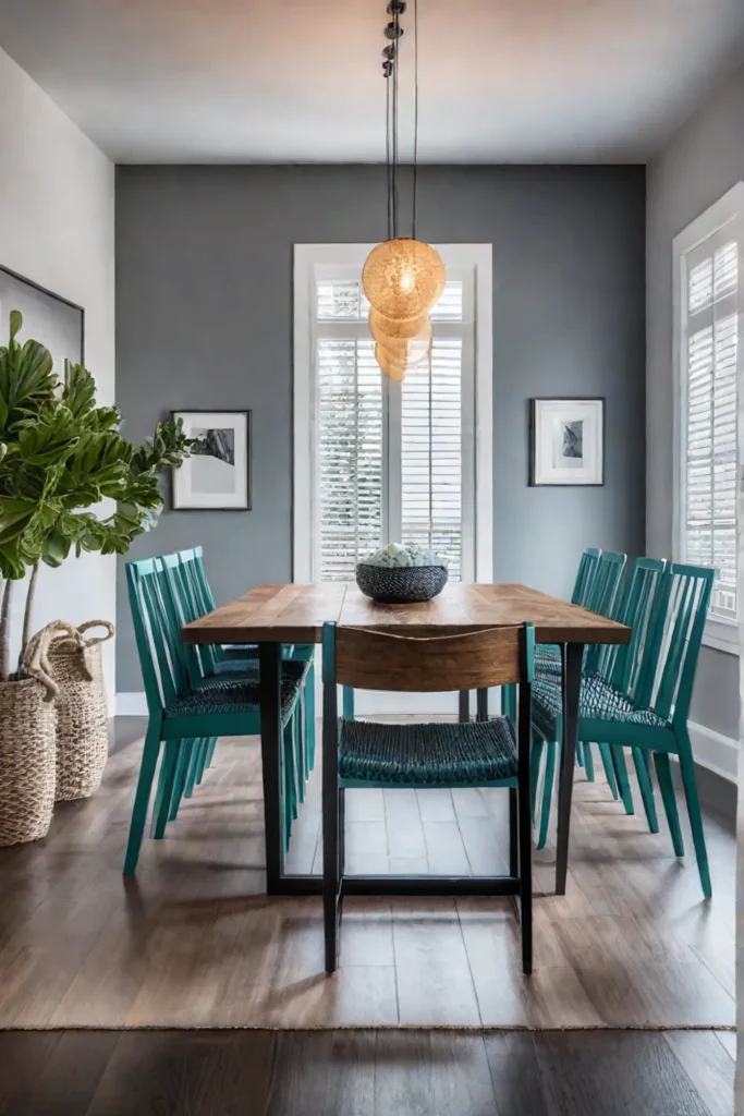 Dining room with color blocked chairs