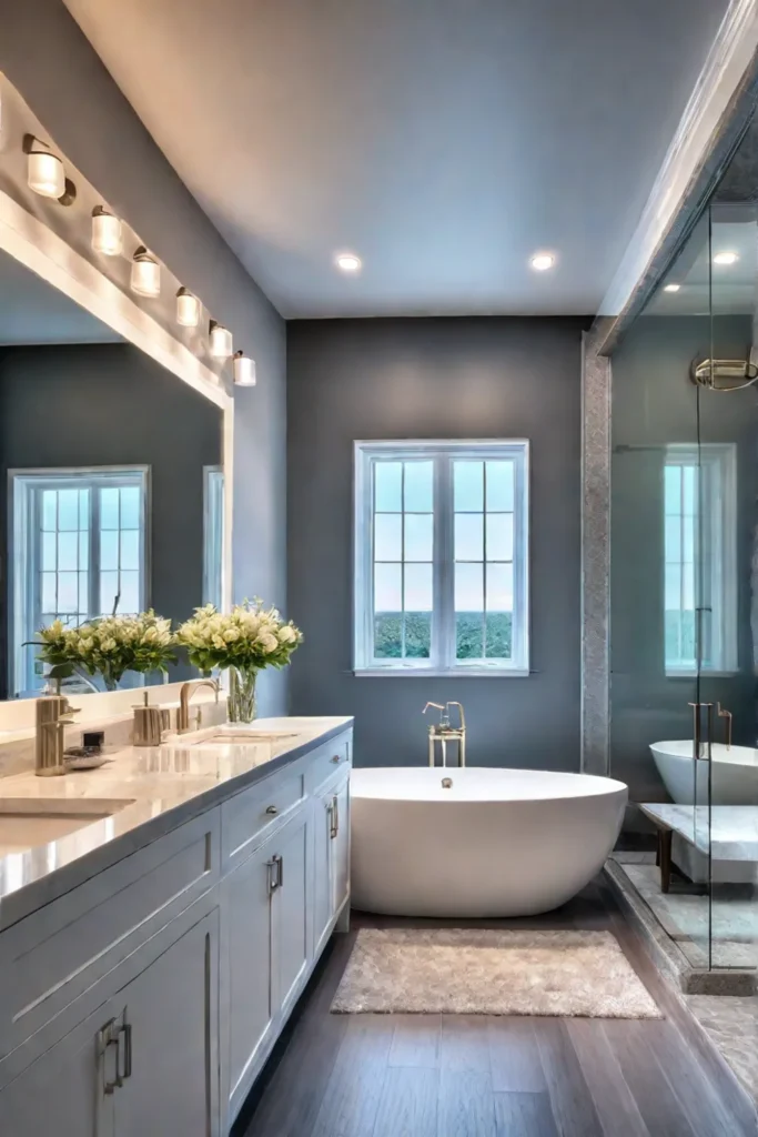 Double vanity with modern sconces and a large mirror in a welllit bathroom
