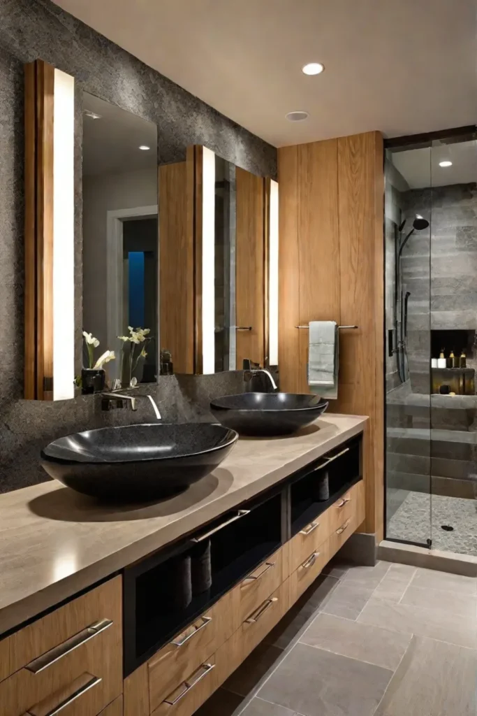 Double vanity with vessel sinks and waterfall faucets in a serene bathroom