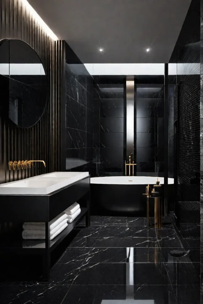 Dramatic and luxurious bathroom with dark granite walls and floor