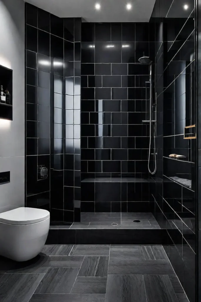 Dramatic black and gray tiled bathroom with metallic accents