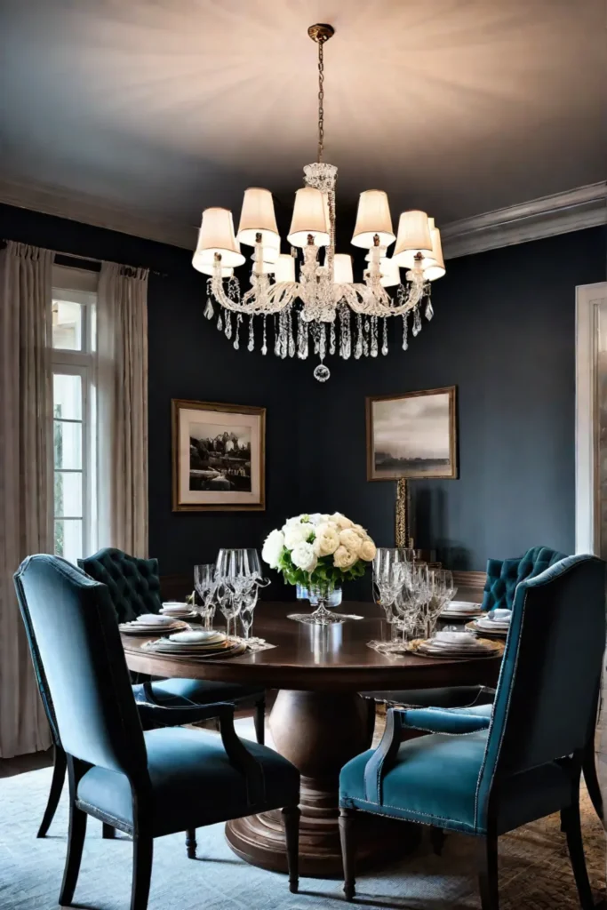 Dramatic dining space with statement lighting and curated decor