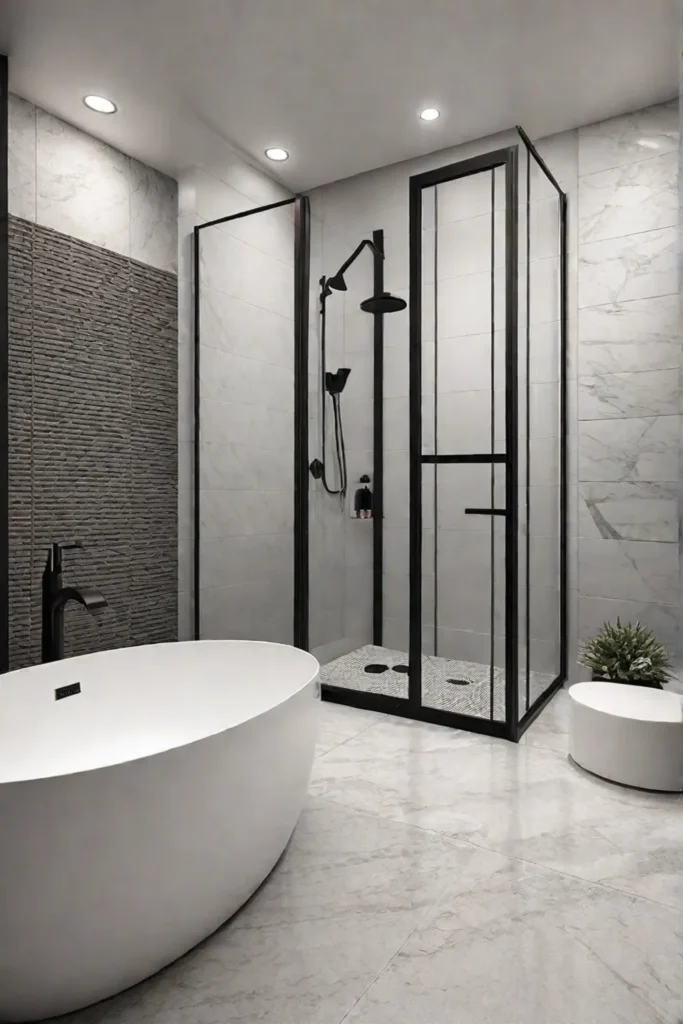 Durable bathroom design with porcelain tile and quartz countertop