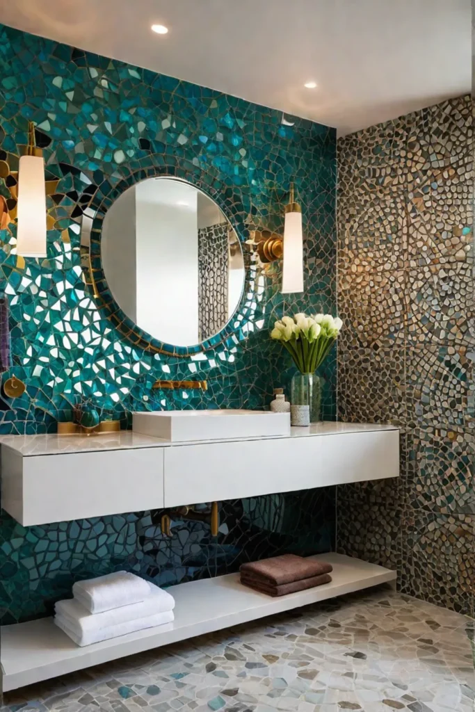 Eclectic bathroom with colorful mosaic tile backsplash