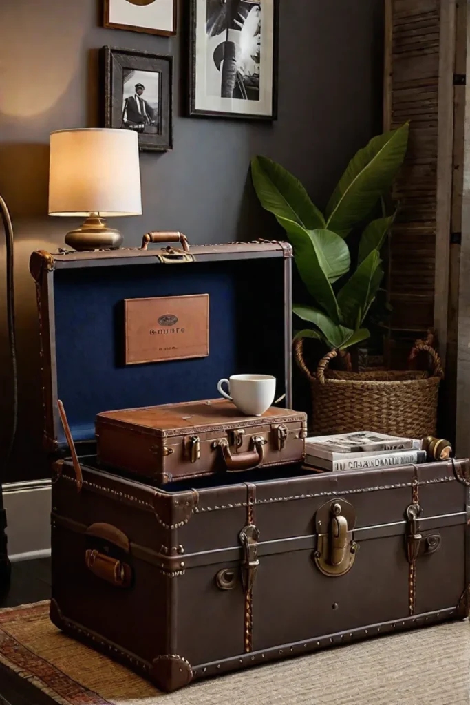 Eclectic bedroom with a vintage trunk that doubles as a coffee table and storage unit