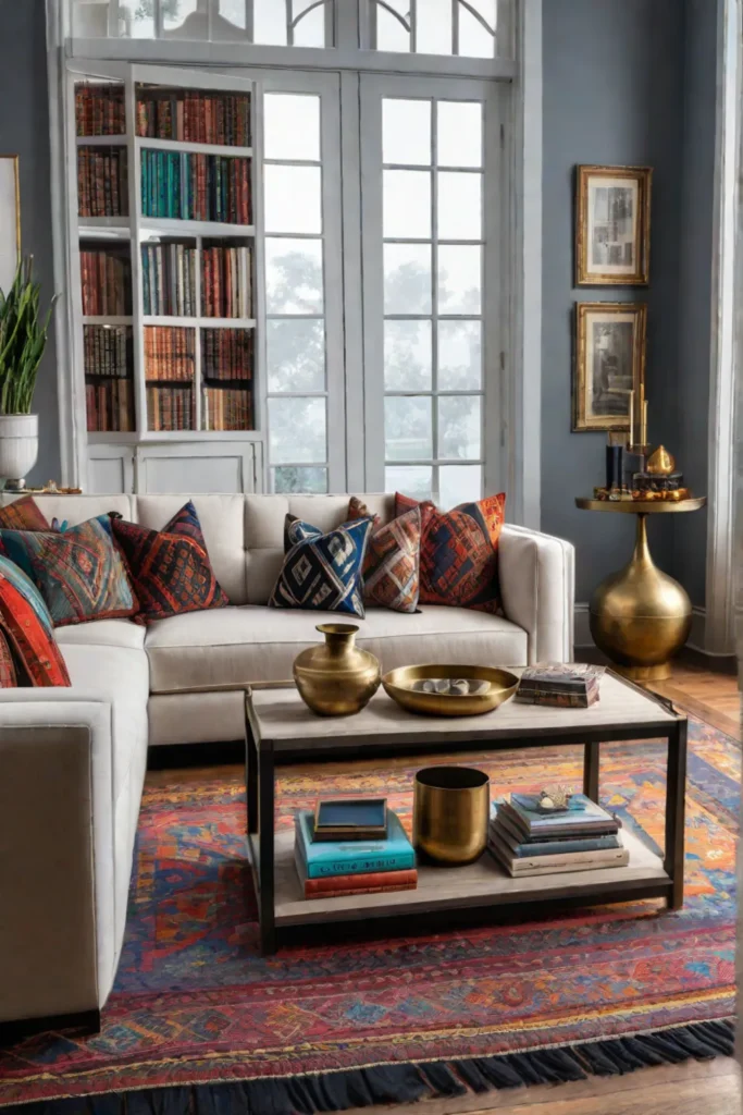 Eclectic living room decor with layered textiles