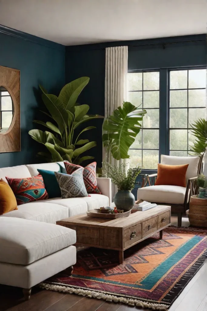 Eclectic living space with patterned rug and plants