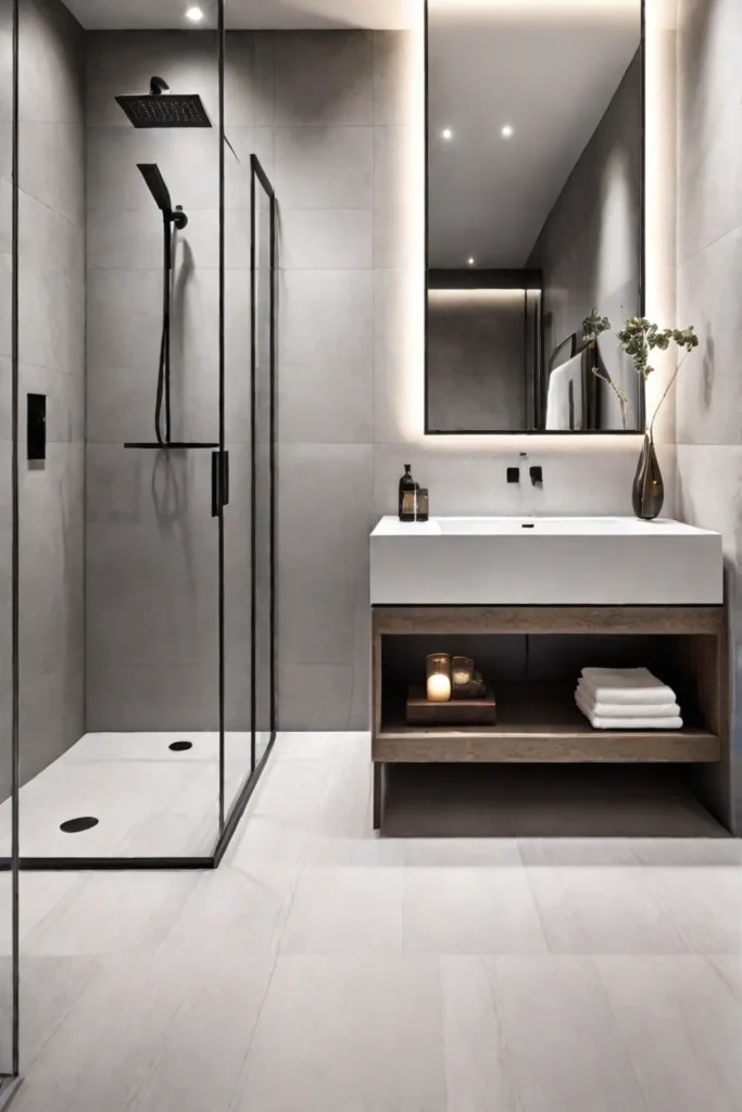 Ecofriendly bathroom design with sleek porcelain tiles and a minimalist aesthetic