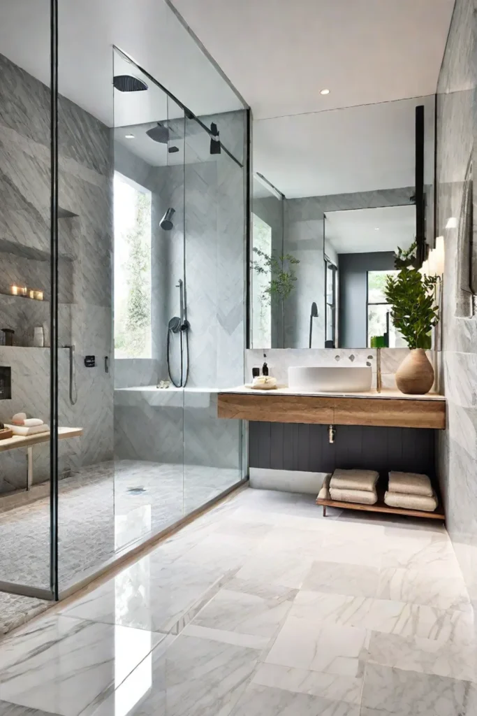 Ecofriendly bathroom featuring natural stone tiles with a focus on safety and aesthetics