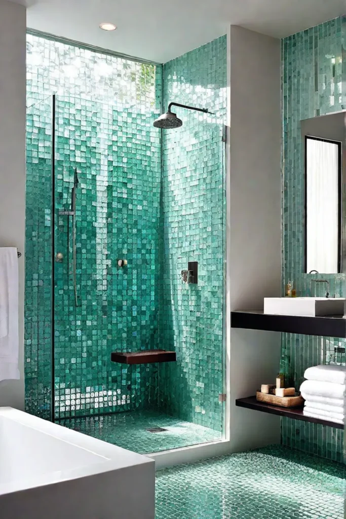 Ecofriendly bathroom with a shimmering recycled glass tile shower