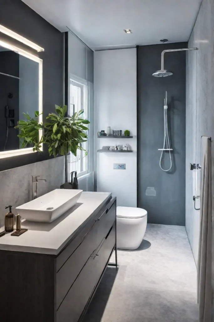 Efficient layout of a small bathroom with compact fixtures and ample storage