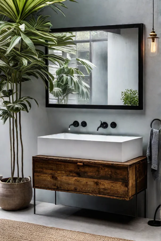 Elegant bathroom vanity with reclaimed wood and recycled glass