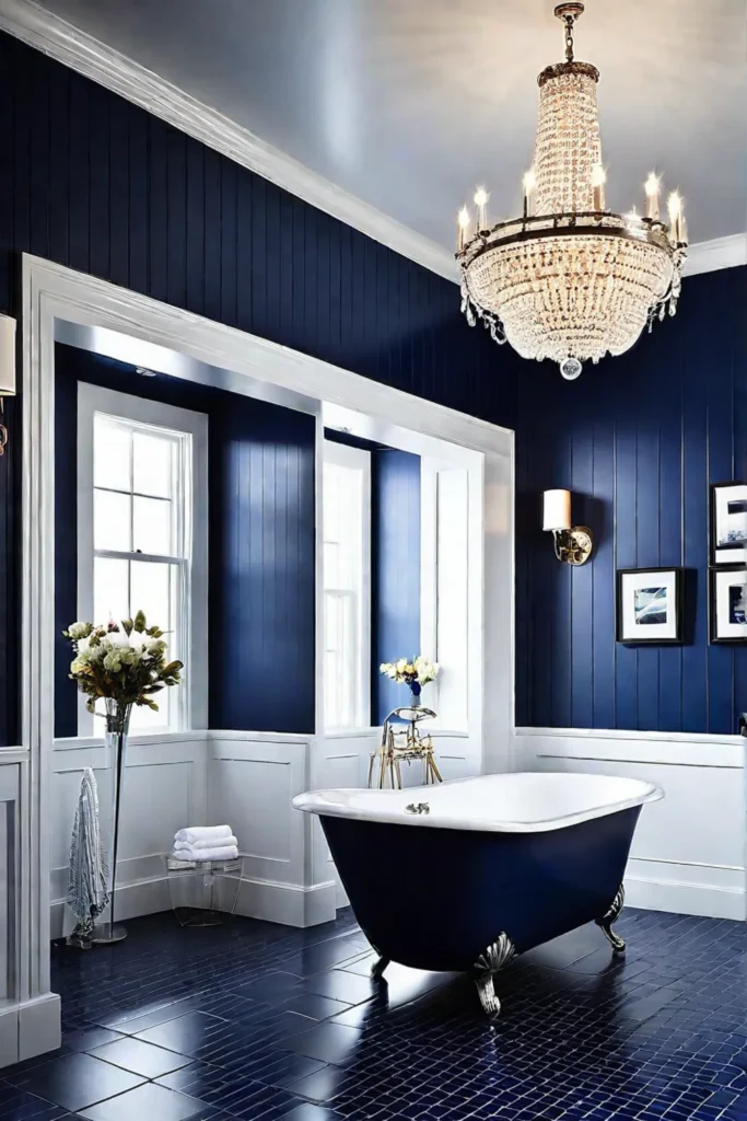 Elegant bathroom with chandelier and wall sconces