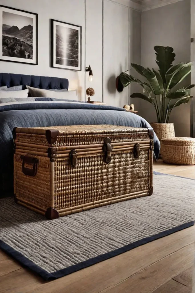 Elegant bedroom with stylish storage solutions like woven baskets and vintage trunks showcasing a balance of functionality and aesthetics