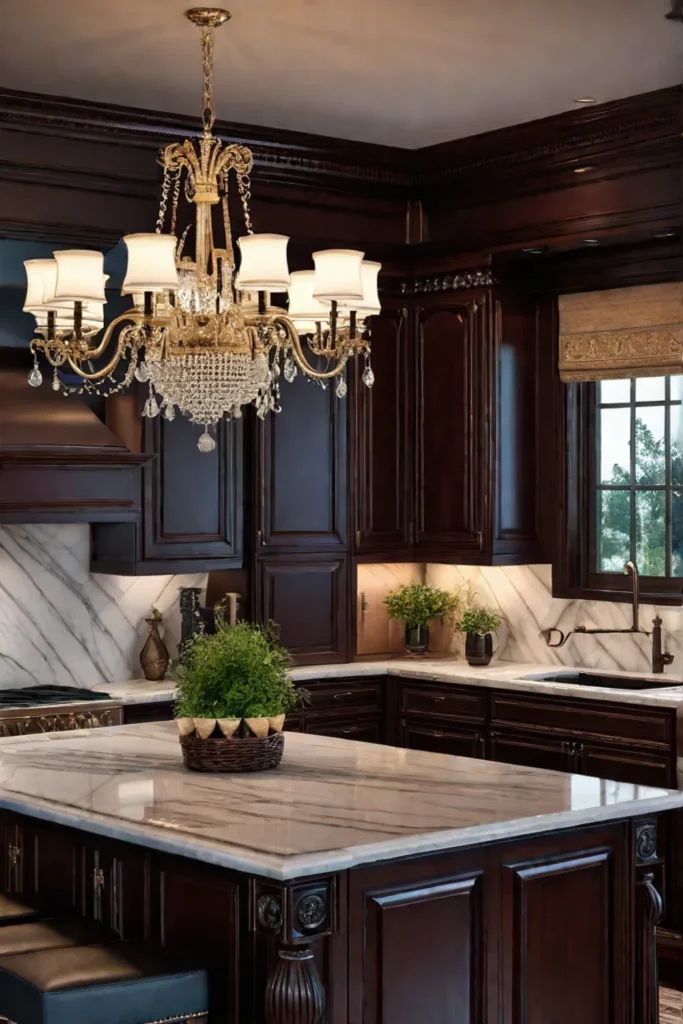 Elegant kitchen ornate moldings marble island