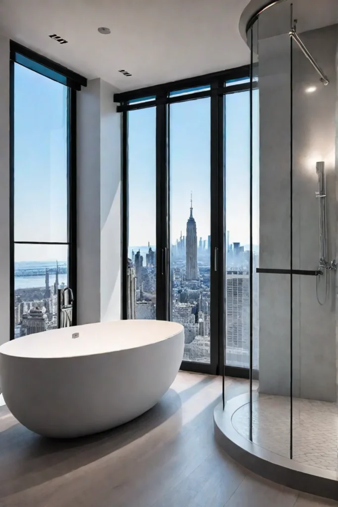 Expansive bathroom with floortoceiling windows and dimmable lighting