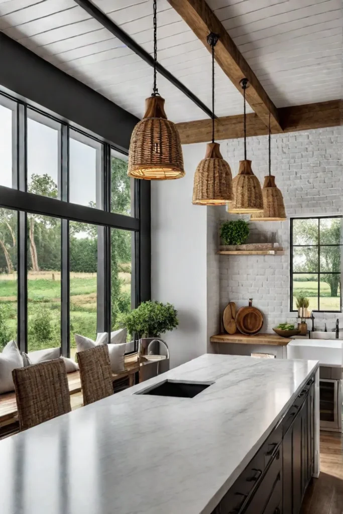 Exposed brick and wooden beams add warmth and character to a sustainable kitchen with natural textures
