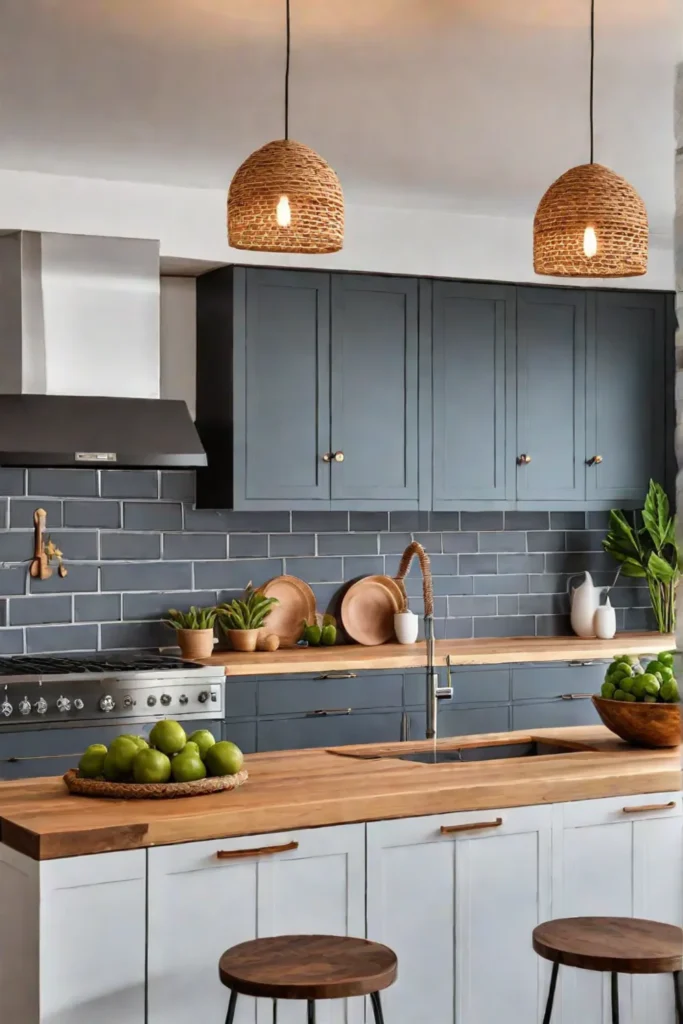 Farmhouse sink and rustic wooden countertops create a timeless and ecofriendly kitchen design