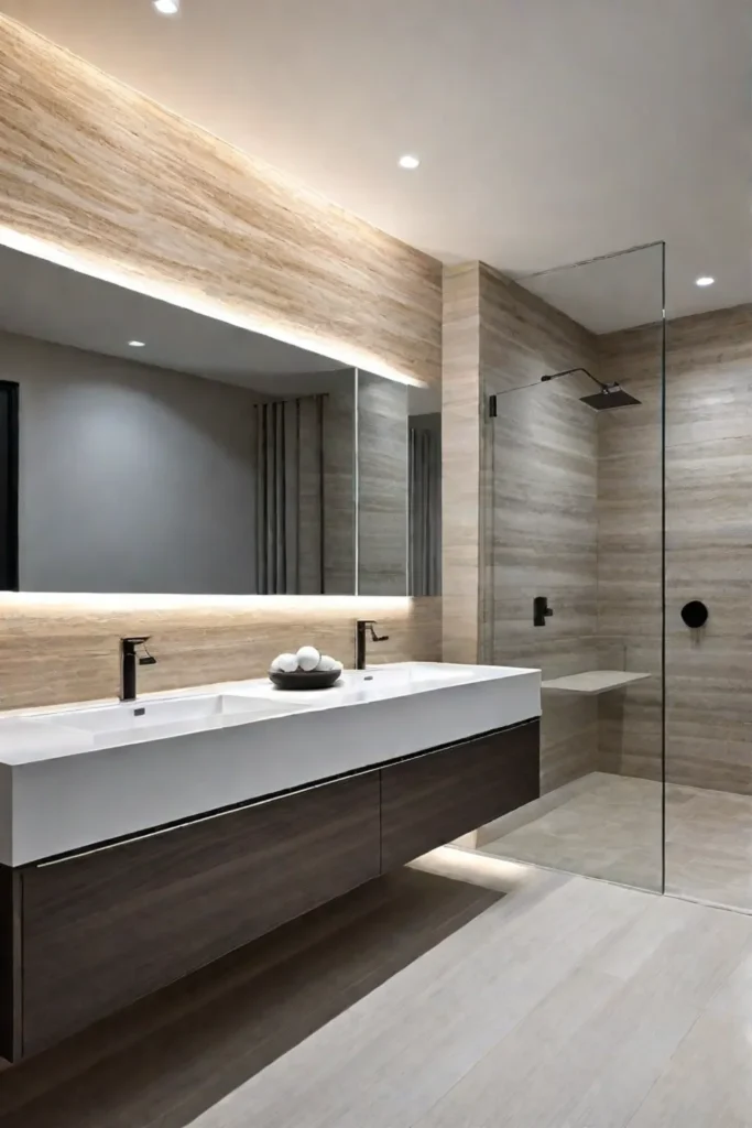 Floating vanity with quartz countertop in a contemporary bathroom