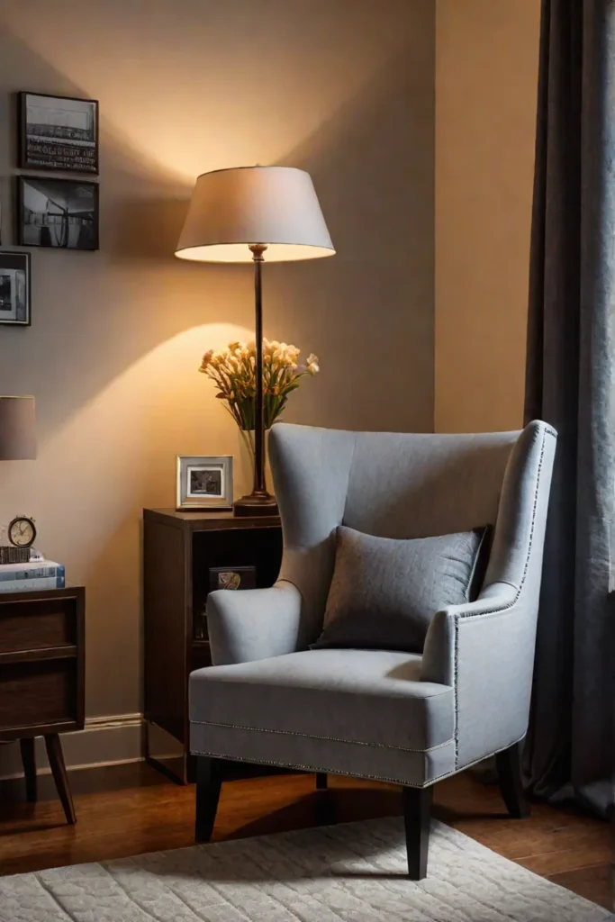 Floor lamp illuminating a book in a cozy bedroom setting