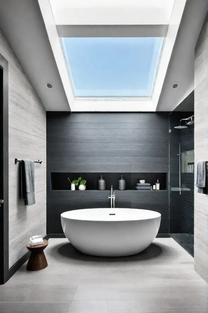 Freestanding oval tub and skylight in a contemporary bathroom