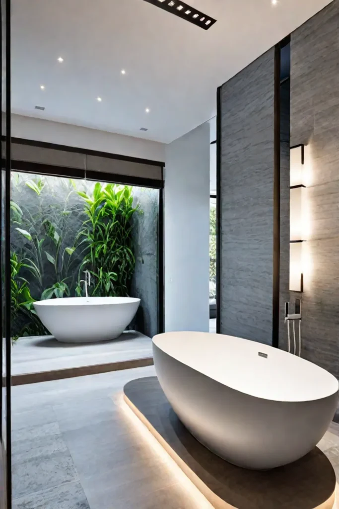 Freestanding stone bathtub surrounded by greenery