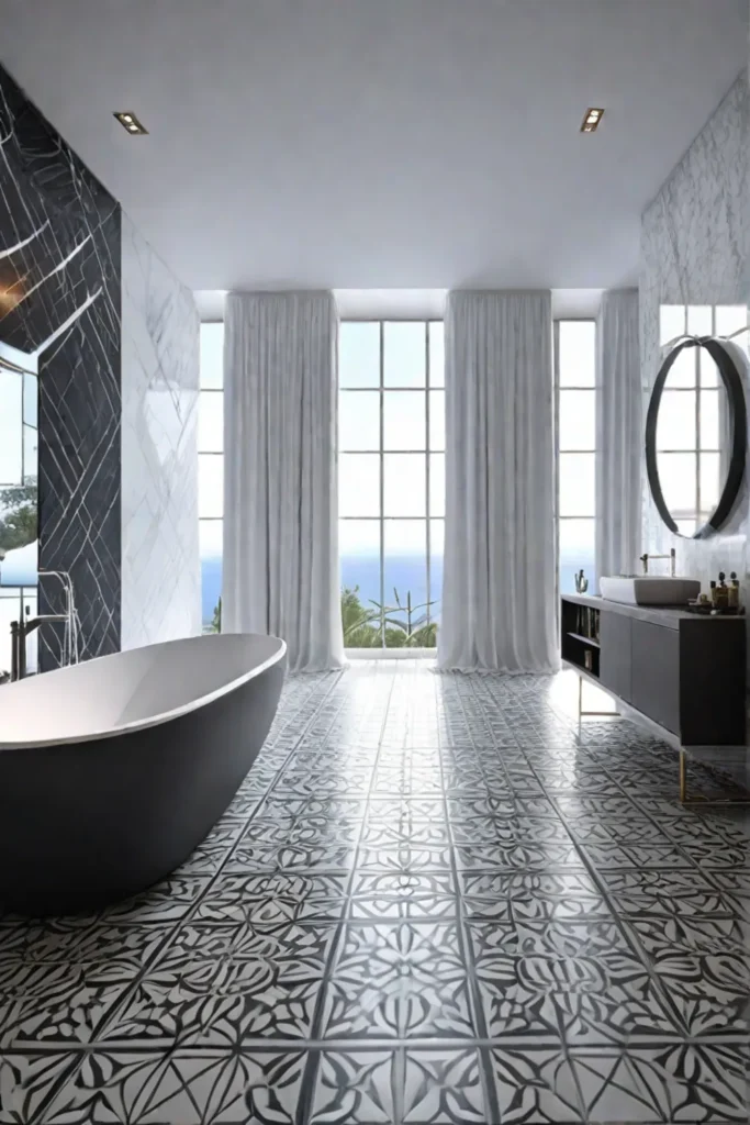 Freestanding tub and large windows in a luxurious bathroom