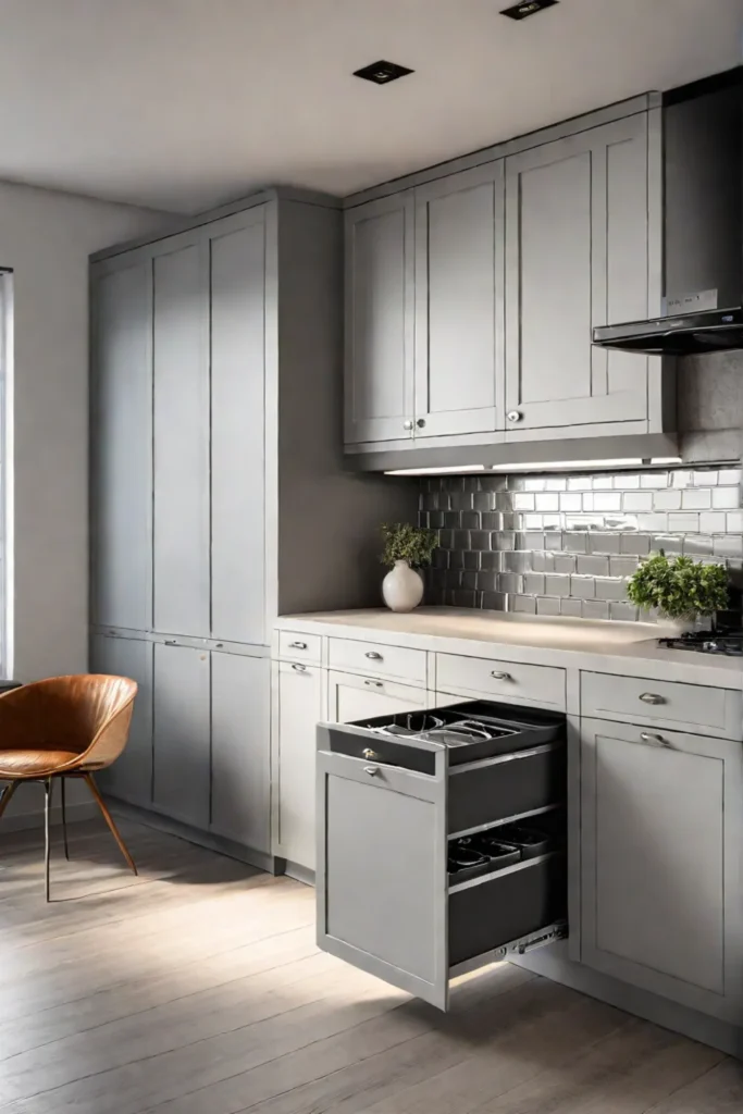 Functional and sustainable kitchen design with ample storage and a builtin recycling center