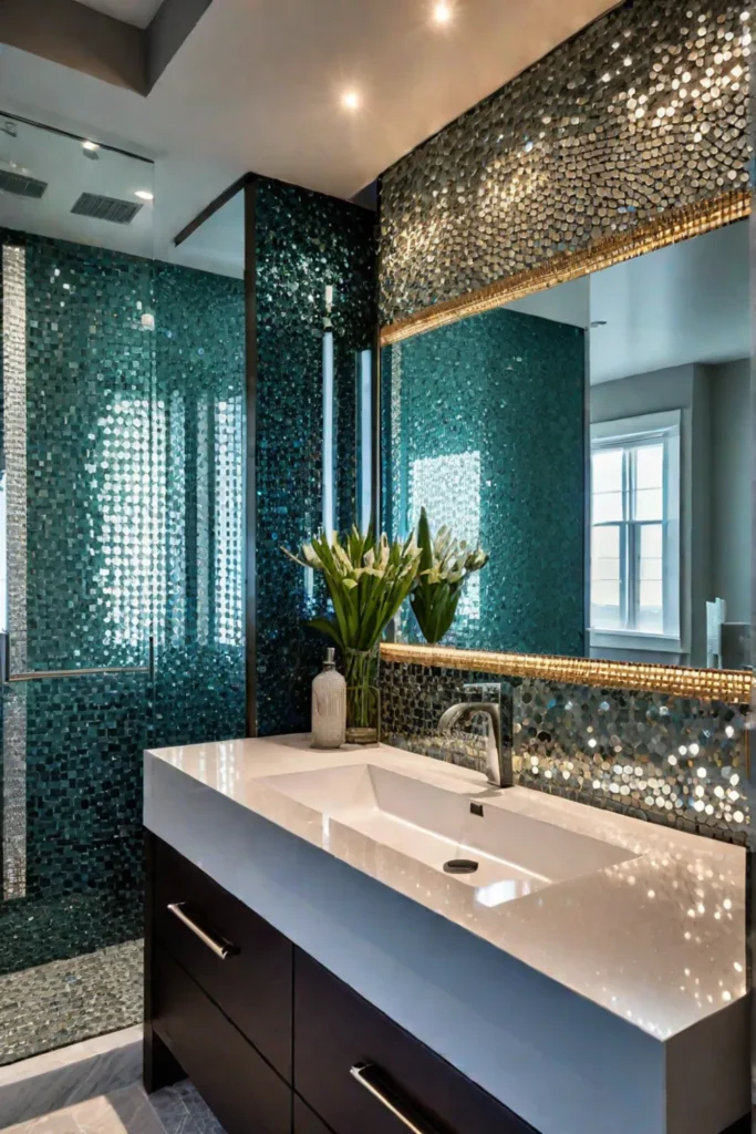 Glass mosaic tile backsplash adds sparkle and openness to a bathroom