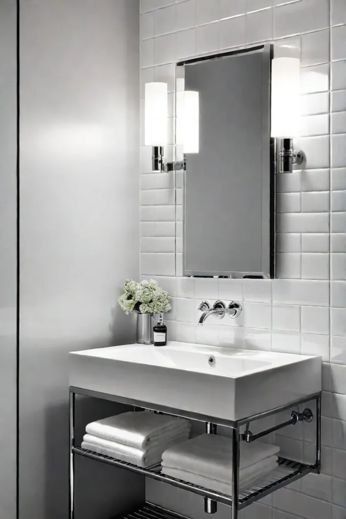 Glossy white tiles reflect light in a small bathroom