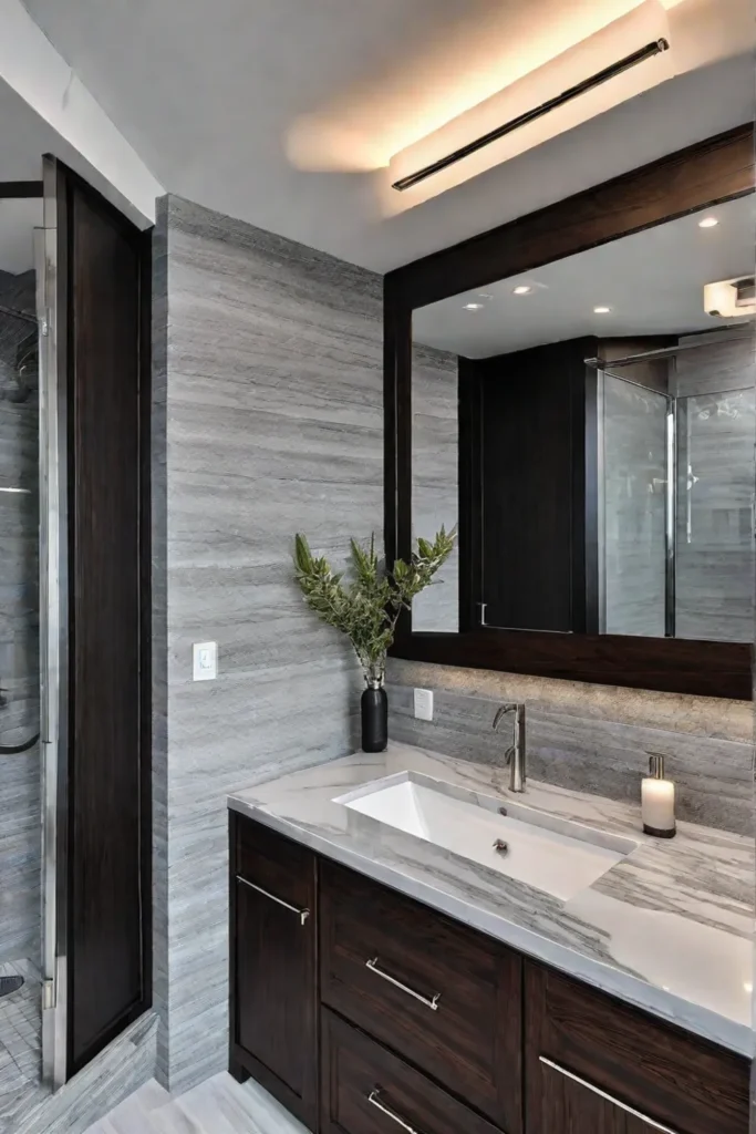 Granite countertop and backsplash in a modern bathroom