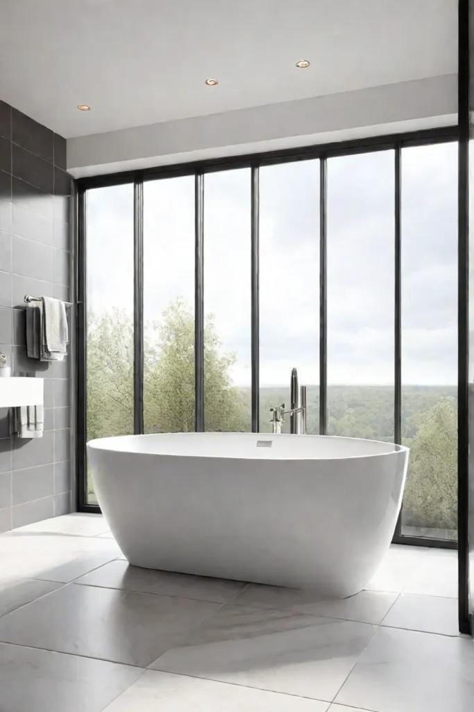 Gray and white bathroom with a freestanding tub and natural light