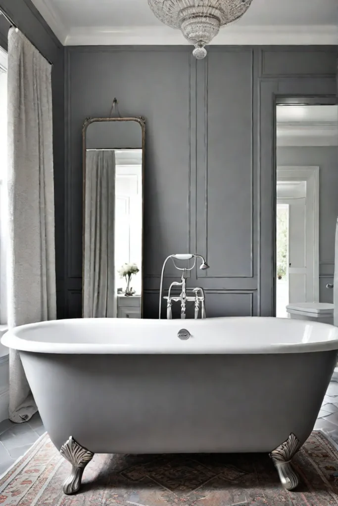Gray clawfoot tub with modern fixtures and a vintage rug