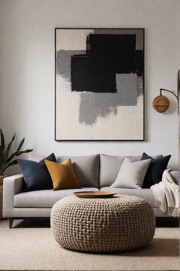 Gray sofa and woven pouf in a minimalist living room with abstract art