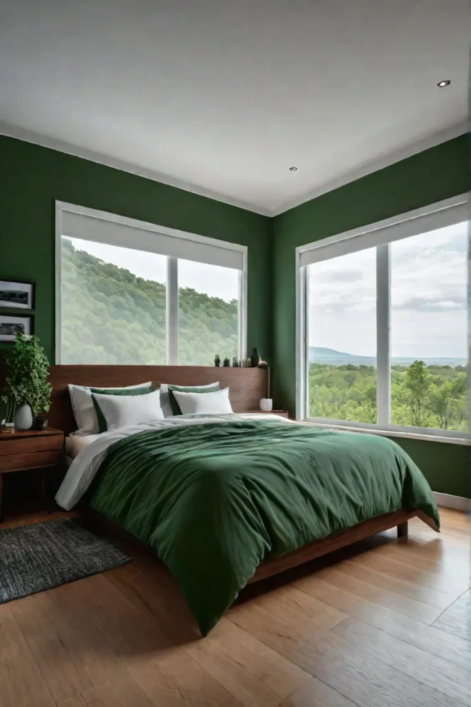 Green bedroom natural wood Feng Shui bed placement