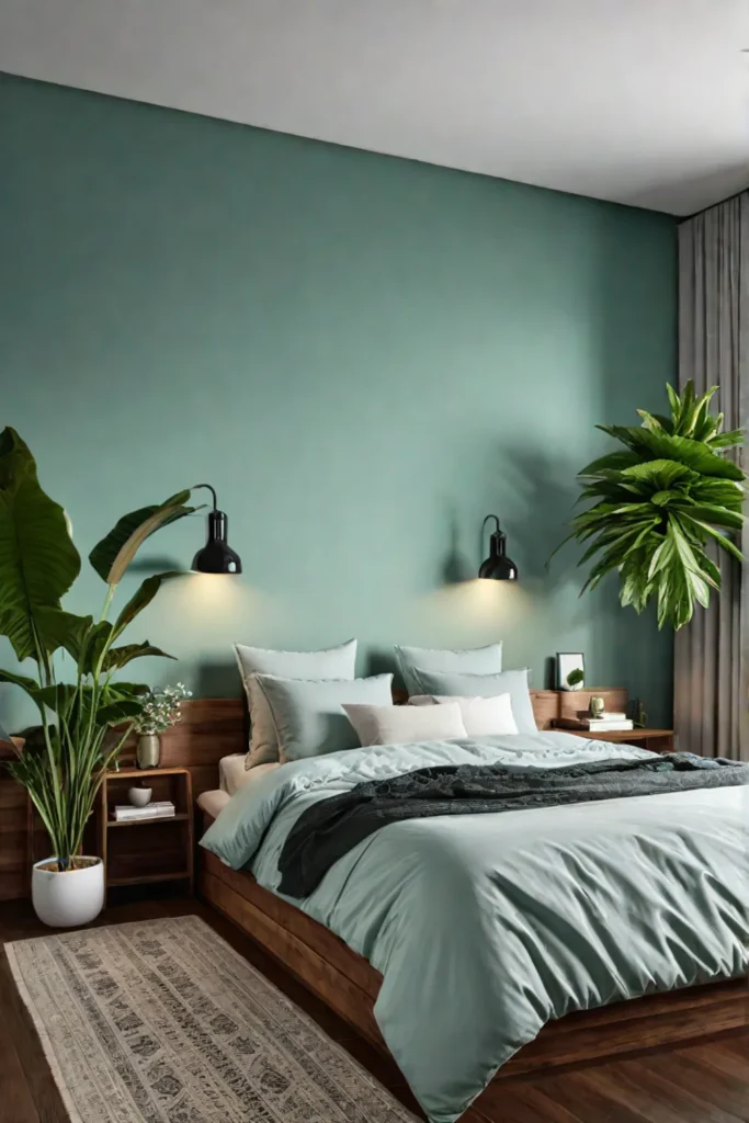 Green bedroom wood accents natural elements Feng Shui