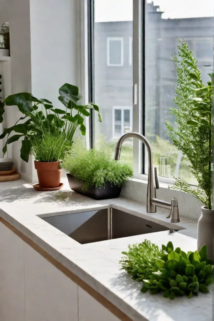 Greenery thrives in a minimalist kitchen with recycled glass containers and a sustainable design