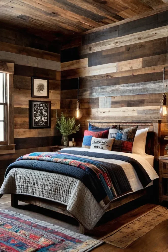 Headboard made from reclaimed wood adds character to a bedroom