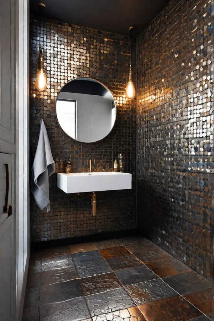 Industrial bathroom with a statement wall made from recycled metal tiles