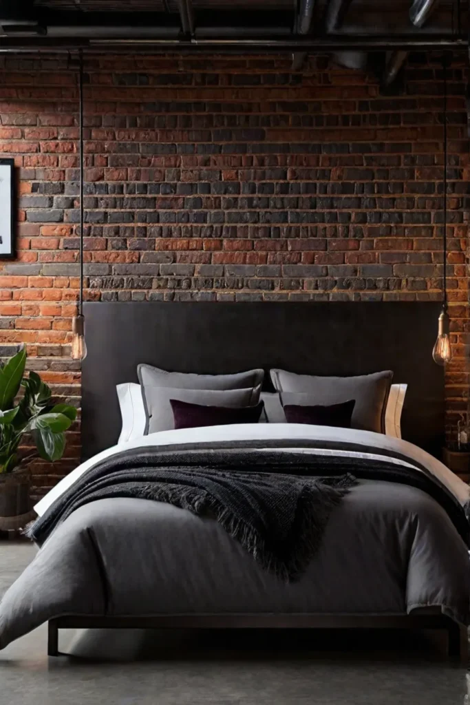 Industrial bedroom with metal headboard and exposed brick