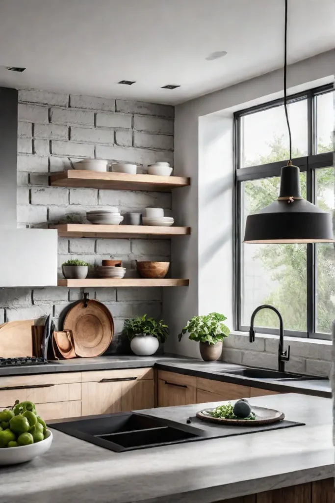 Industrialinspired kitchen with a blend of wood concrete and brick