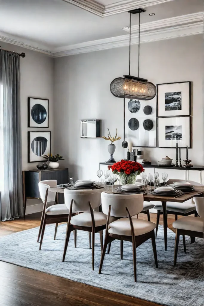 Inviting dining space with plush textures and family photos