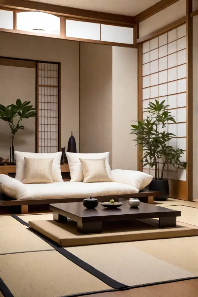 Japaneseinspired minimalist living room with platform sofa and tatami mat