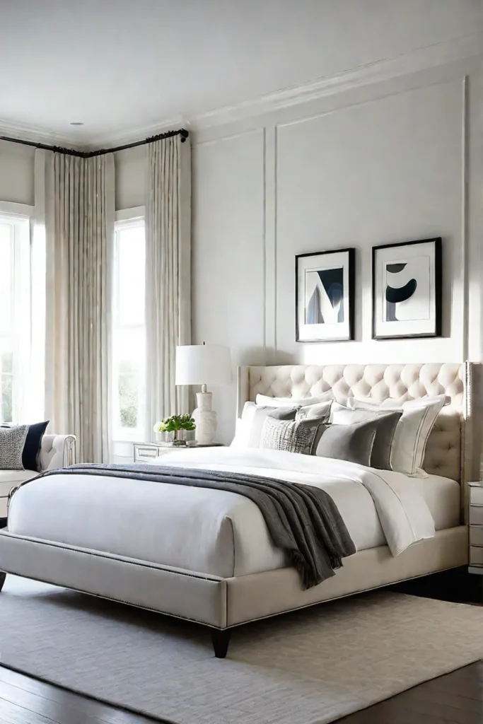 Kingsize bed with linen upholstered headboard in a bright bedroom